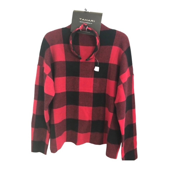 Tahari red & black plaid look mock neck sweater &‎ knotted headband size XL new - Picture 2 of 11